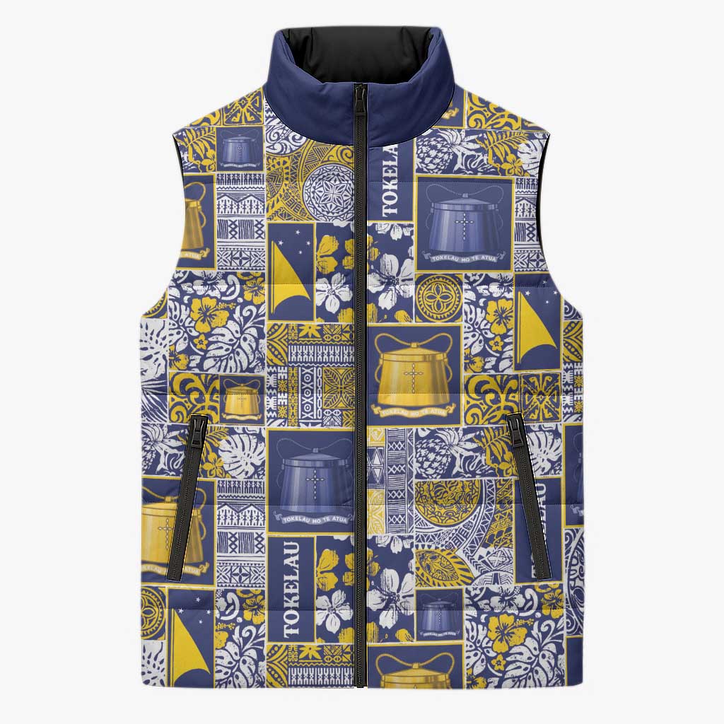 Tokelau Manuia te Kilihimahi Sleeveless Puffer Jacket Pacific Patchwork Xmas Vibes LT9 Unisex Blue - Polynesian Pride