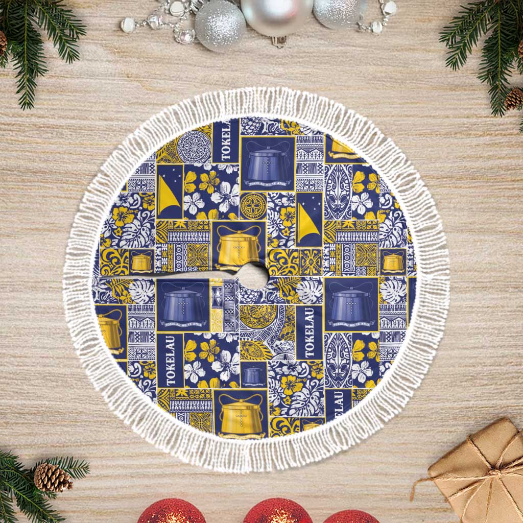 Tokelau Manuia te Kilihimahi Tree Skirt Pacific Patchwork Xmas Vibes LT9 Fringed Blue - Polynesian Pride