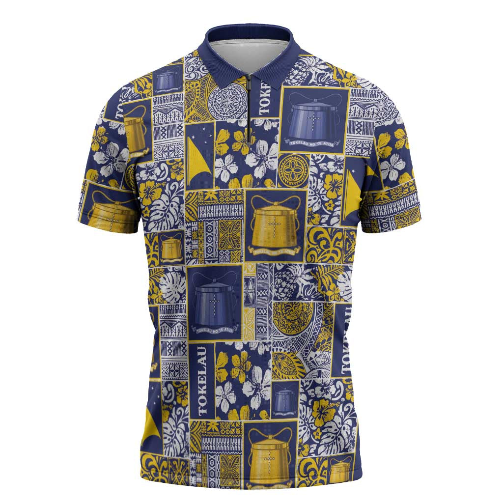 Tokelau Manuia te Kilihimahi Zipper Polo Shirt Pacific Patchwork Xmas Vibes LT9 Blue - Polynesian Pride