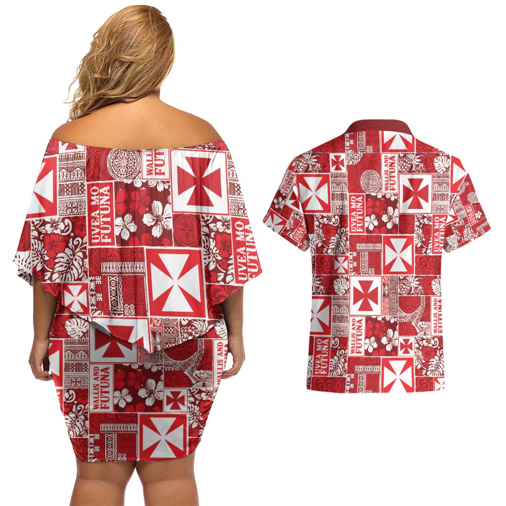 Wallis Et Futuna Kilisimasi Fiefia Couples Matching Off Shoulder Short Dress and Hawaiian Shirt Pacific Patchwork Xmas Vibes - Polynesian Pride