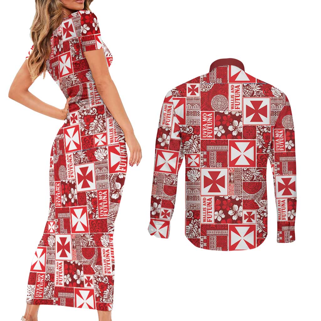 Wallis Et Futuna Kilisimasi Fiefia Couples Matching Short Sleeve Bodycon Dress and Long Sleeve Button Shirt Pacific Patchwork Xmas Vibes - Polynesian Pride