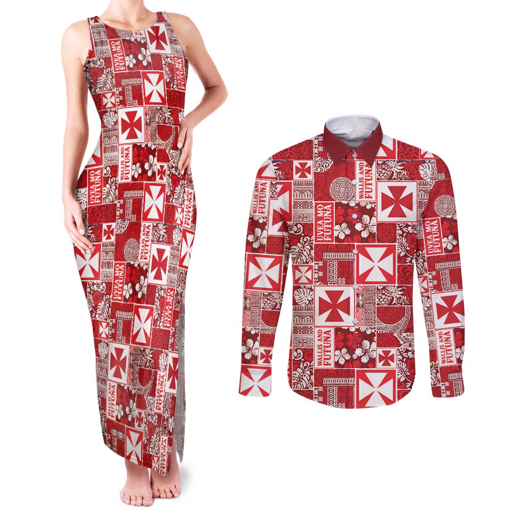 Wallis Et Futuna Kilisimasi Fiefia Couples Matching Tank Maxi Dress and Long Sleeve Button Shirt Pacific Patchwork Xmas Vibes LT9 Red - Polynesian Pride