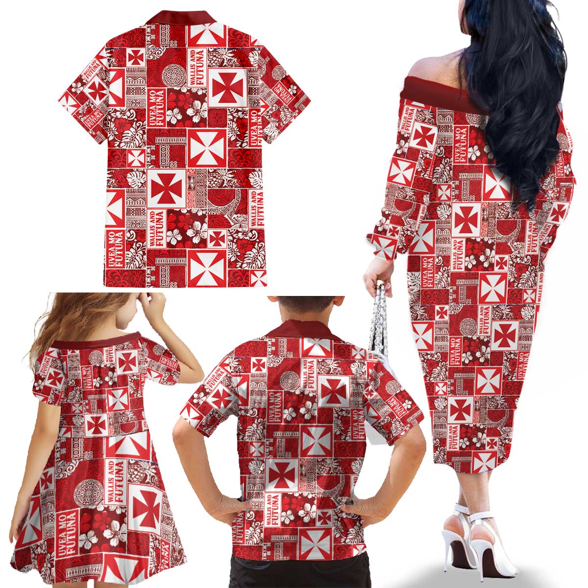 Wallis Et Futuna Kilisimasi Fiefia Family Matching Off The Shoulder Long Sleeve Dress and Hawaiian Shirt Pacific Patchwork Xmas Vibes - Polynesian Pride
