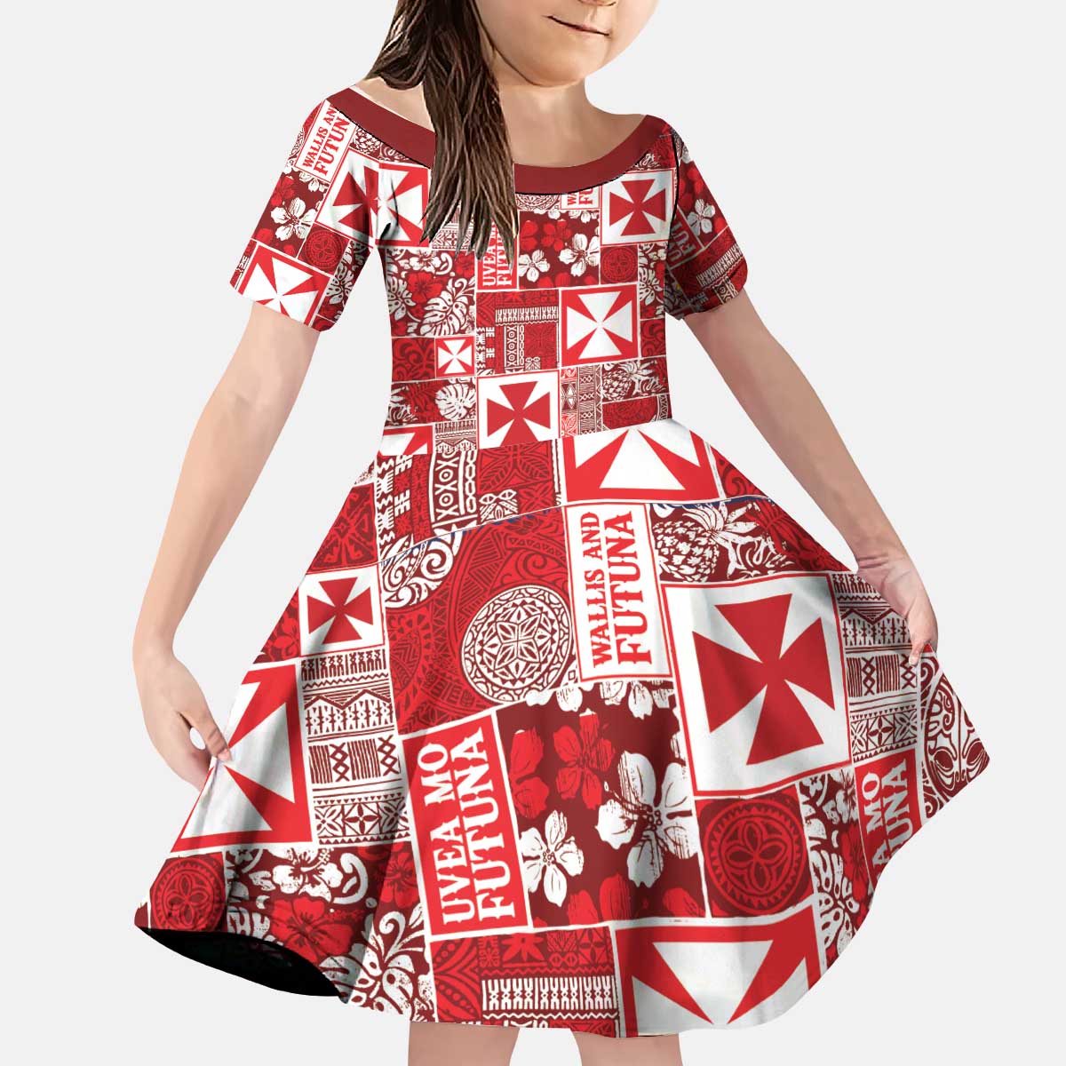 Wallis Et Futuna Kilisimasi Fiefia Kid Short Sleeve Dress Pacific Patchwork Xmas Vibes LT9 KID Red - Polynesian Pride