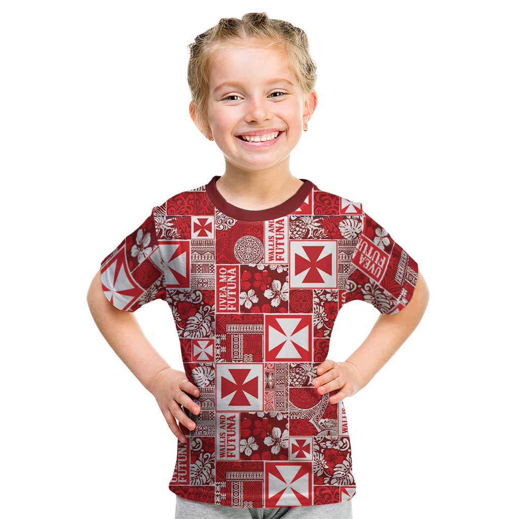 Wallis Et Futuna Kilisimasi Fiefia Kid T Shirt Pacific Patchwork Xmas Vibes LT9 Red - Polynesian Pride