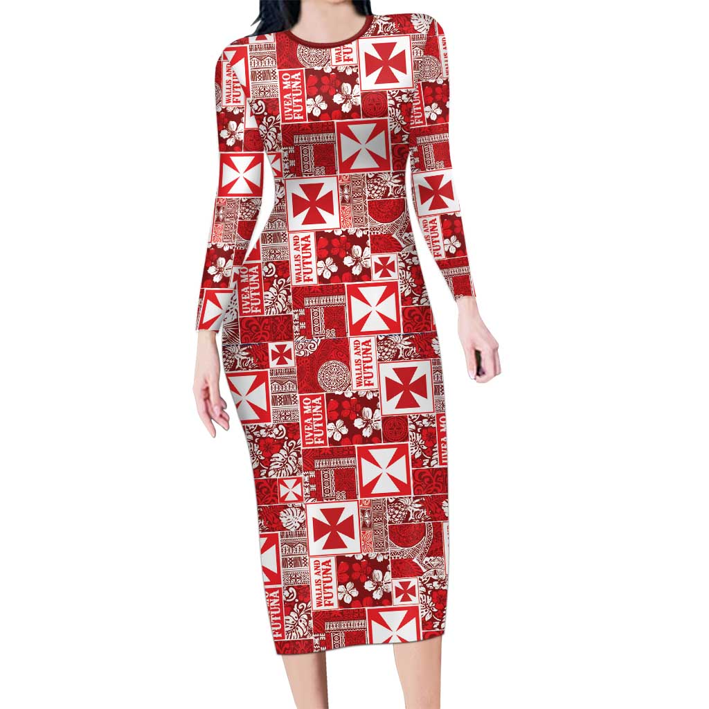 Wallis Et Futuna Kilisimasi Fiefia Long Sleeve Bodycon Dress Pacific Patchwork Xmas Vibes - Polynesian Pride