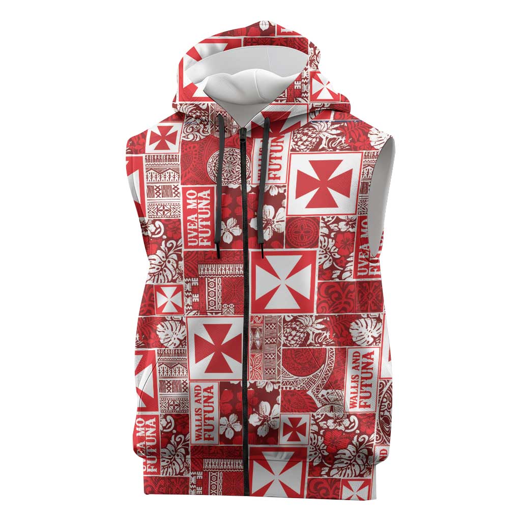 Wallis Et Futuna Kilisimasi Fiefia Sleeveless Zip Hoodie Pacific Patchwork Xmas Vibes LT9 Red - Polynesian Pride