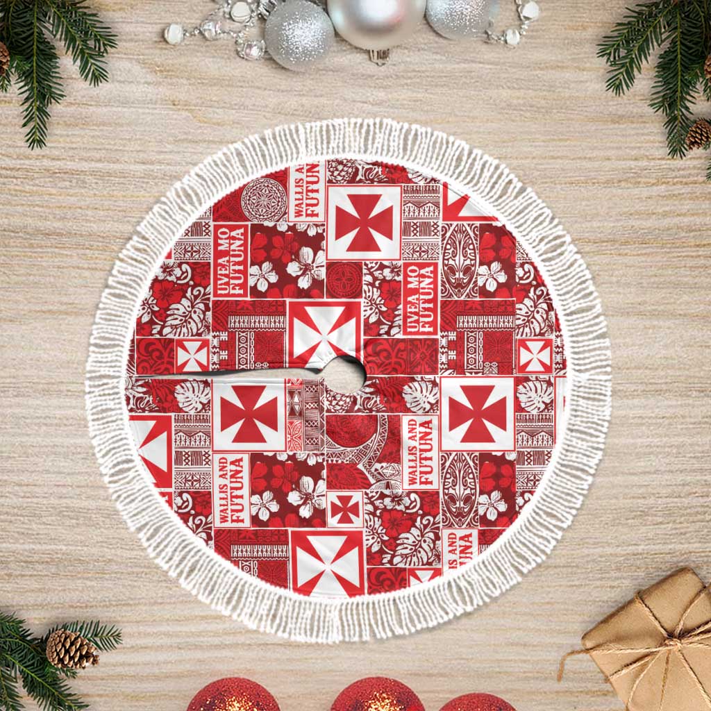 Wallis Et Futuna Kilisimasi Fiefia Tree Skirt Pacific Patchwork Xmas Vibes LT9 Fringed Red - Polynesian Pride