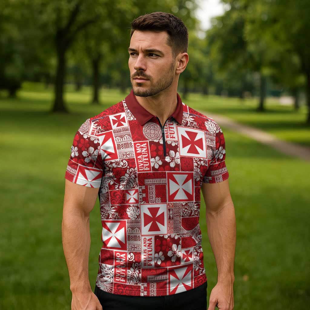 Wallis Et Futuna Kilisimasi Fiefia Zipper Polo Shirt Pacific Patchwork Xmas Vibes - Polynesian Pride
