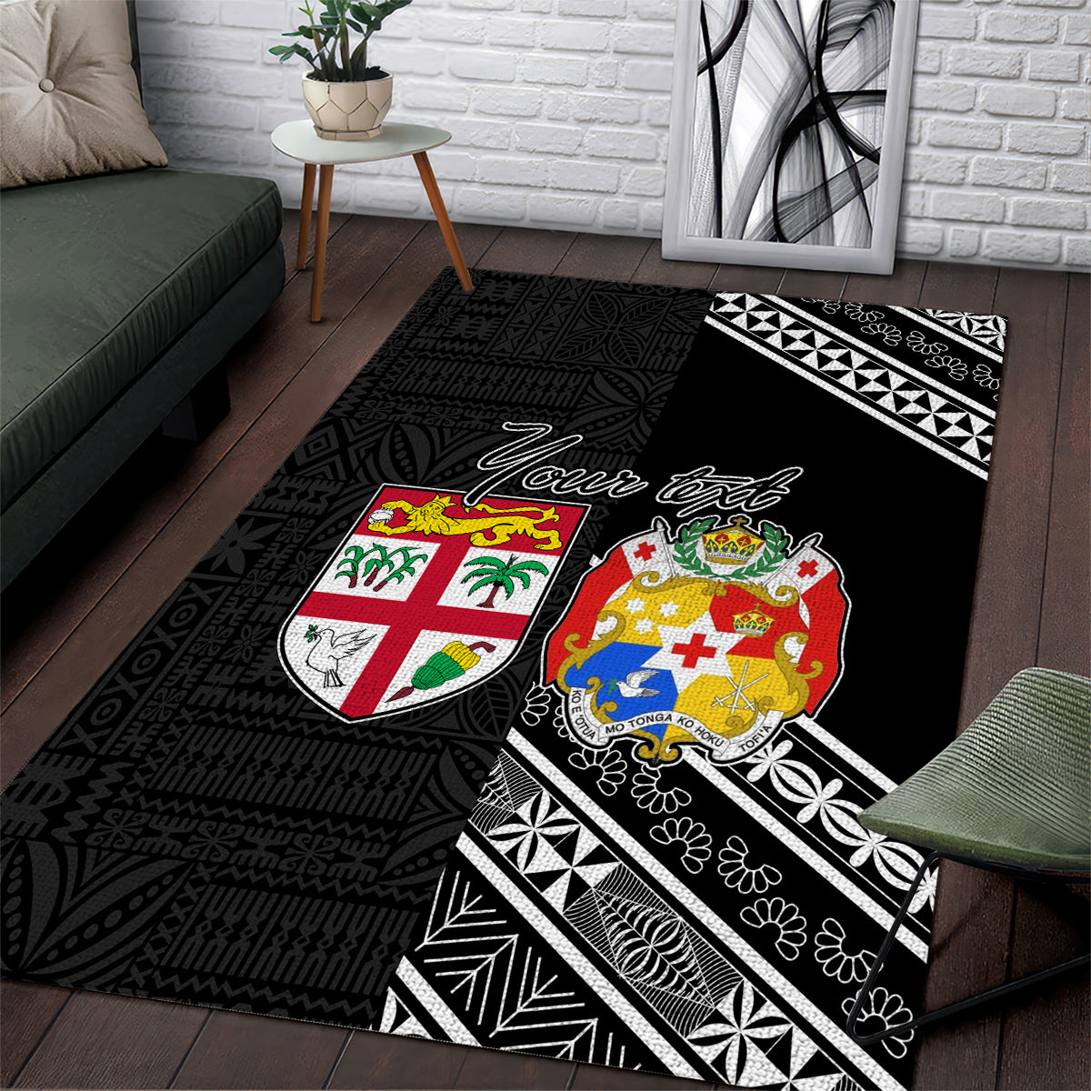 Fiji Tonga Coat of Arm Personalised Area Rug With Masi Tapa and Tongan Ngatu Together LT9 Black - Polynesian Pride