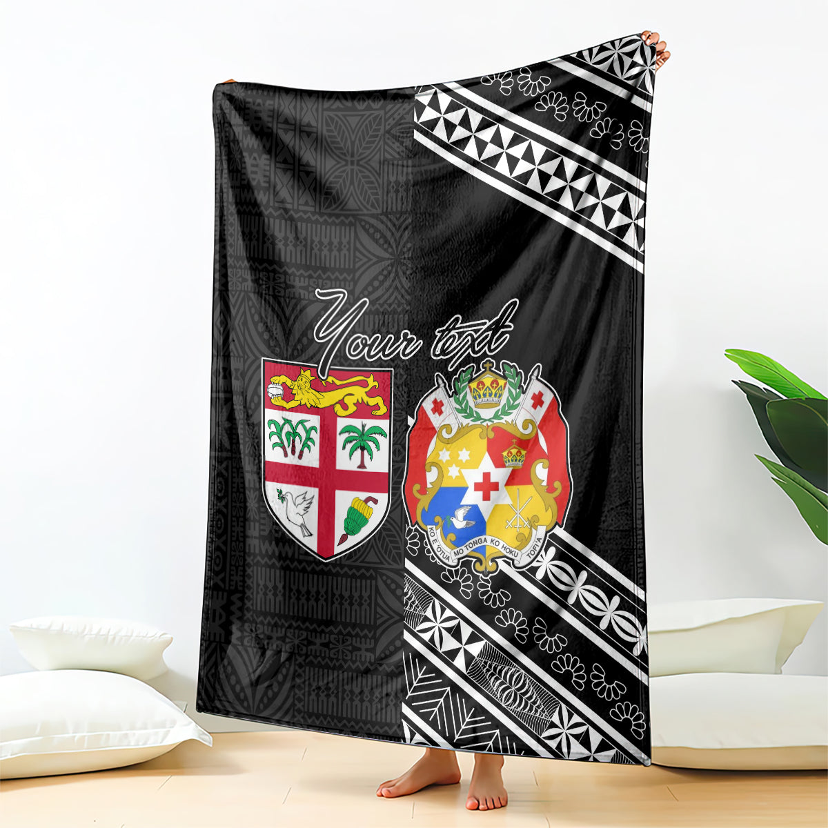 Fiji Tonga Coat of Arms Personalised Blanket - Masi Tapa and Tongan Ngatu Together LT9 - Polynesian Pride