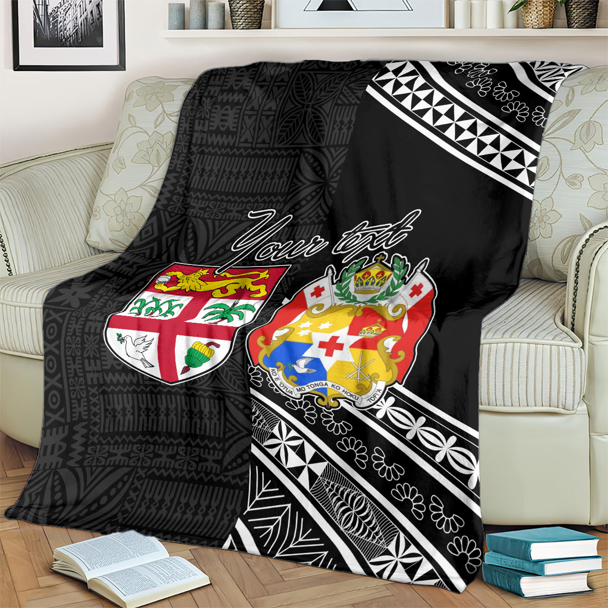 Fiji Tonga Coat of Arms Personalised Blanket - Masi Tapa and Tongan Ngatu Together LT9 - Polynesian Pride