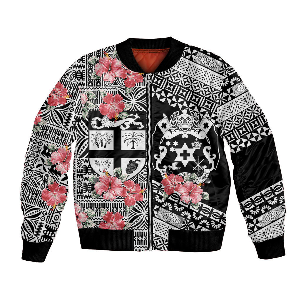 Fiji Tonga Coat of Arm Personalised Bomber Jacket With Masi Tapa and Tongan Ngatu Together LT9 Unisex Black - Polynesian Pride