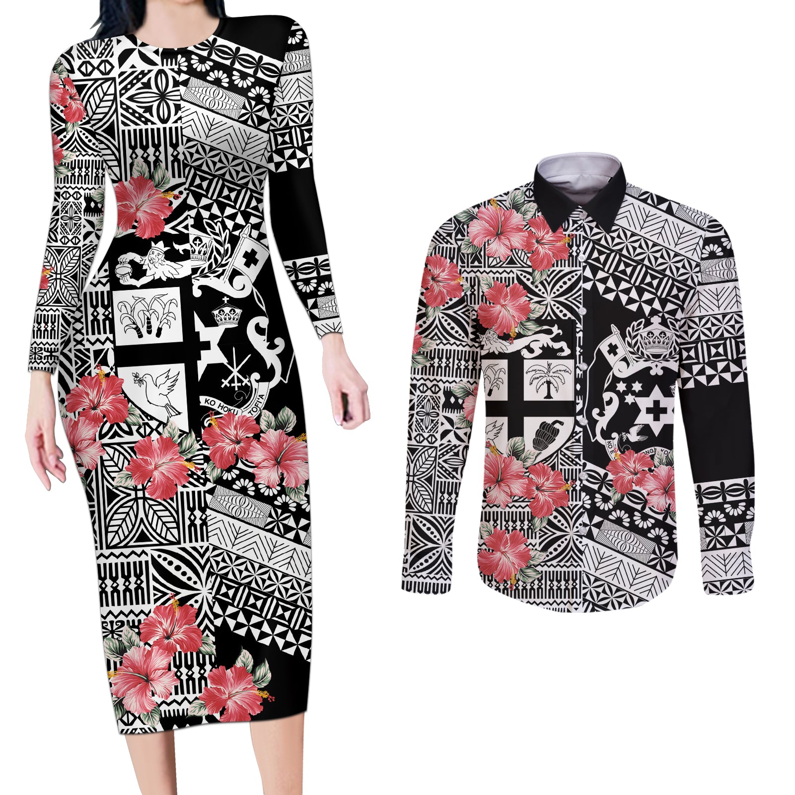 Fiji Tonga Coat of Arm Personalised Couples Matching Long Sleeve Bodycon Dress and Long Sleeve Button Shirt With Masi Tapa and Tongan Ngatu Together LT9 Black - Polynesian Pride