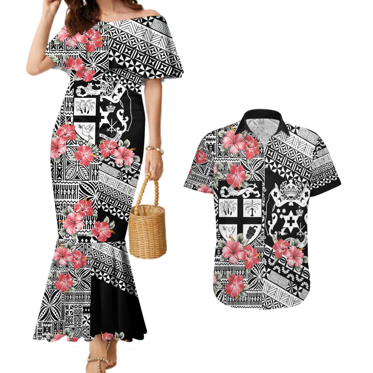 Fiji Tonga Coat of Arm Personalised Couples Matching Mermaid Dress and Hawaiian Shirt With Masi Tapa and Tongan Ngatu Together LT9 Black - Polynesian Pride