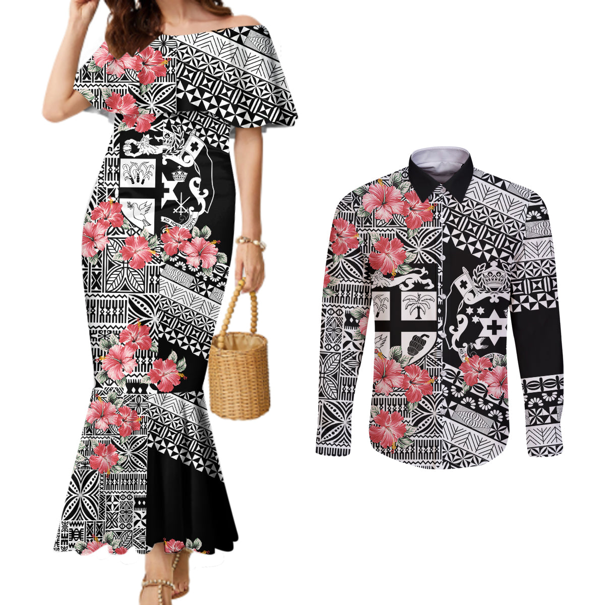 Fiji Tonga Coat of Arm Personalised Couples Matching Mermaid Dress and Long Sleeve Button Shirt With Masi Tapa and Tongan Ngatu Together LT9 Black - Polynesian Pride