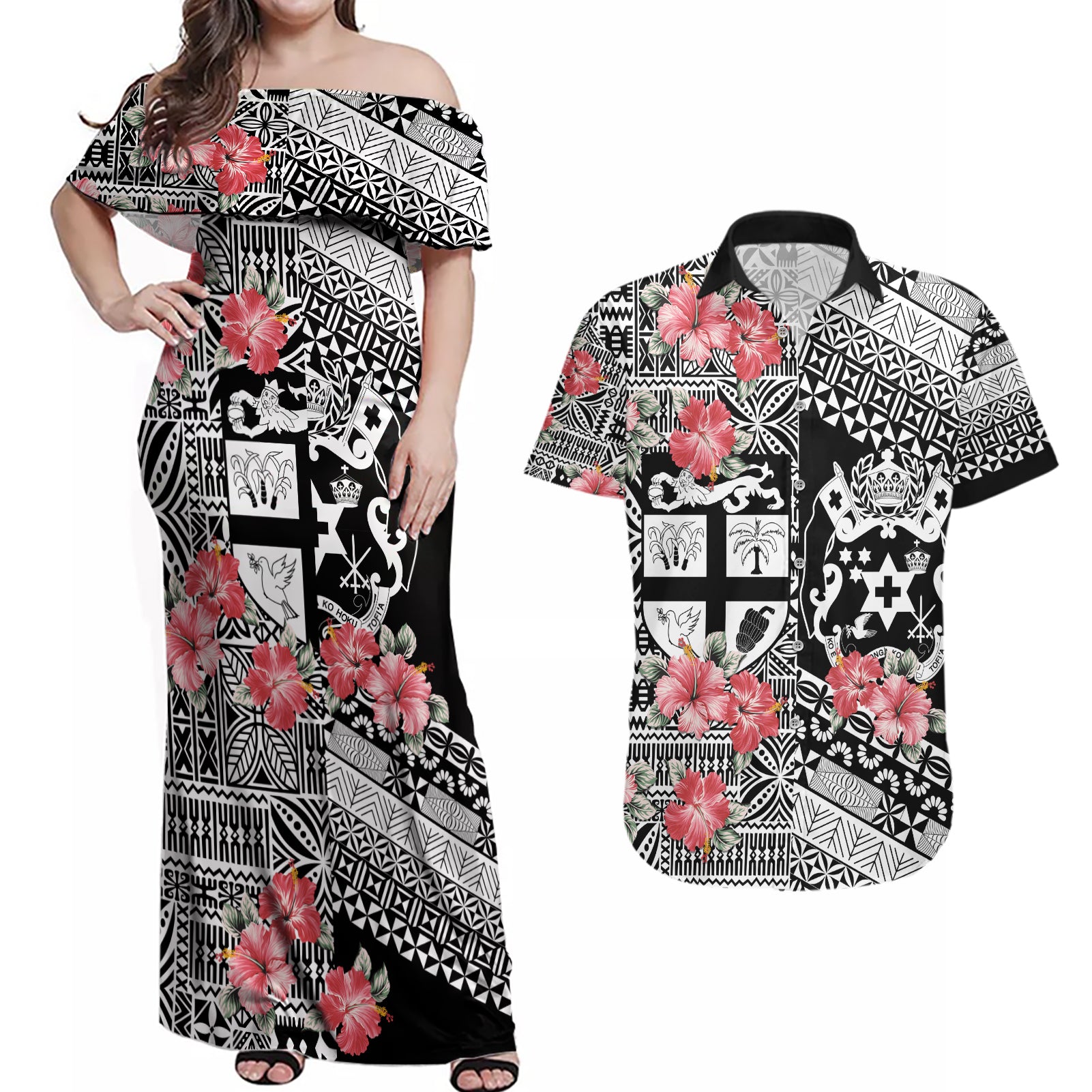 Fiji Tonga Coat of Arm Personalised Couples Matching Off Shoulder Maxi Dress and Hawaiian Shirt With Masi Tapa and Tongan Ngatu Together LT9 Black - Polynesian Pride