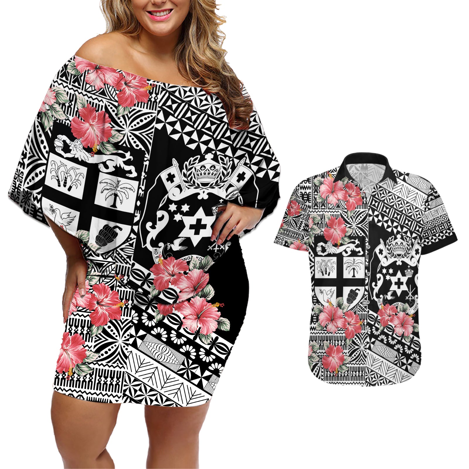 Fiji Tonga Coat of Arm Personalised Couples Matching Off Shoulder Short Dress and Hawaiian Shirt With Masi Tapa and Tongan Ngatu Together LT9 Black - Polynesian Pride