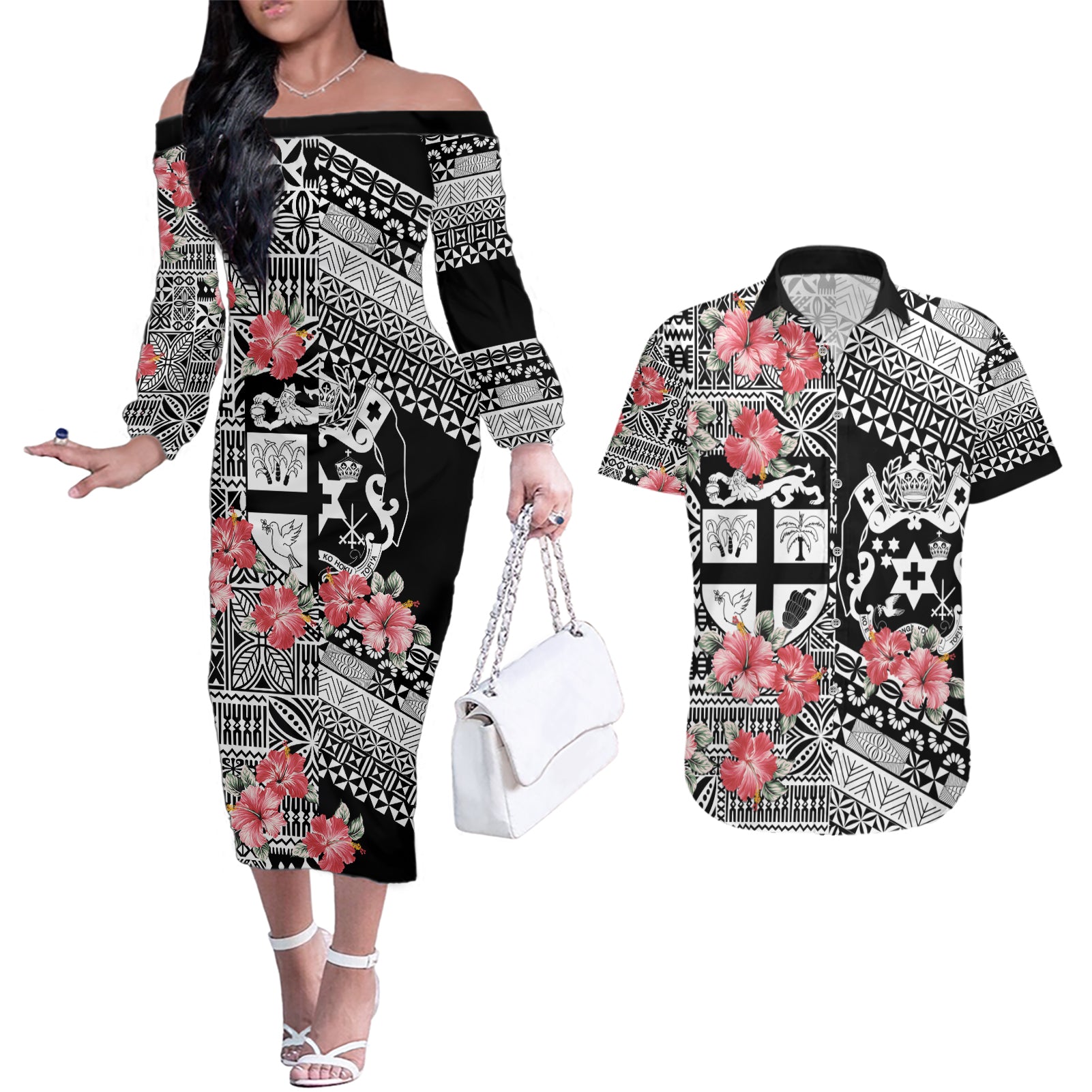 Fiji Tonga Coat of Arm Personalised Couples Matching Off The Shoulder Long Sleeve Dress and Hawaiian Shirt With Masi Tapa and Tongan Ngatu Together LT9 Black - Polynesian Pride