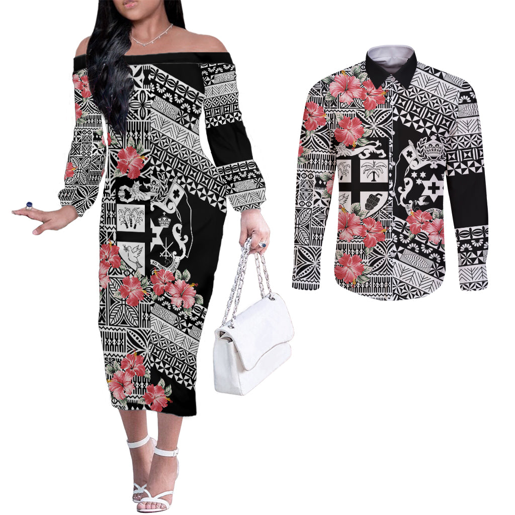 Fiji Tonga Coat of Arm Personalised Couples Matching Off The Shoulder Long Sleeve Dress and Long Sleeve Button Shirt With Masi Tapa and Tongan Ngatu Together LT9 Black - Polynesian Pride