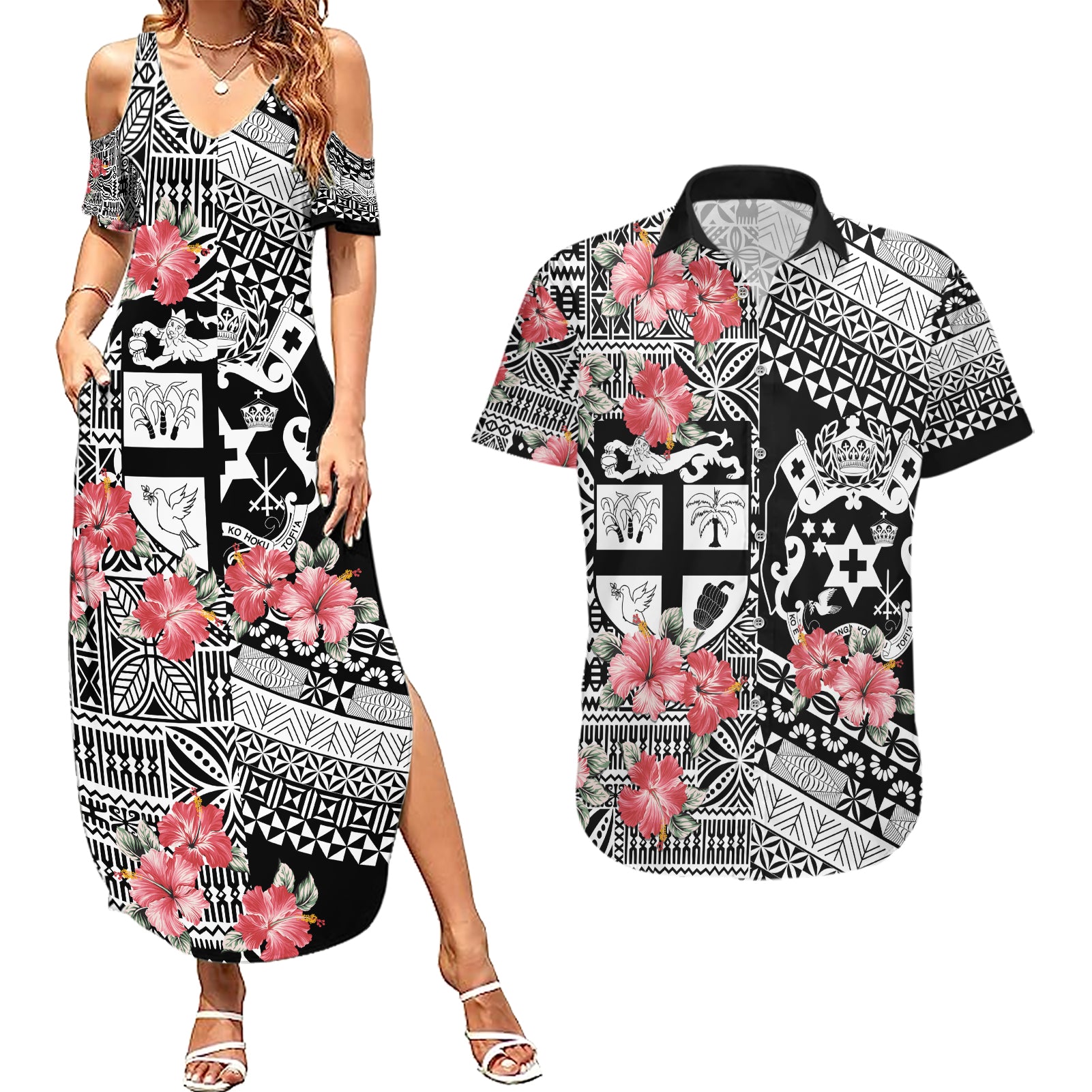 Fiji Tonga Coat of Arm Personalised Couples Matching Summer Maxi Dress and Hawaiian Shirt With Masi Tapa and Tongan Ngatu Together LT9 Black - Polynesian Pride