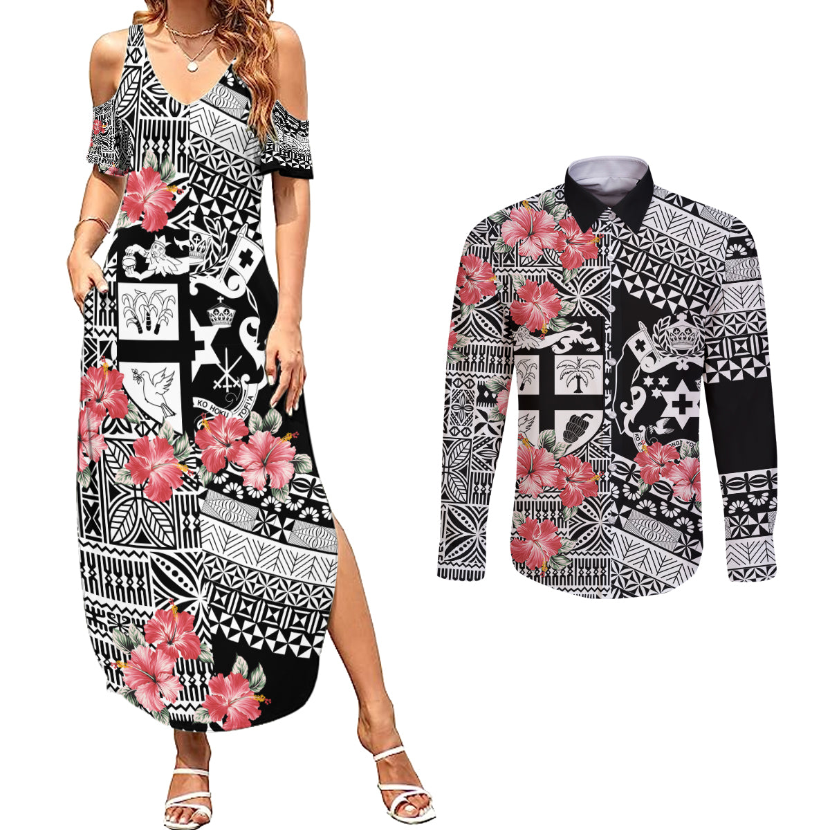 Fiji Tonga Coat of Arm Personalised Couples Matching Summer Maxi Dress and Long Sleeve Button Shirt With Masi Tapa and Tongan Ngatu Together LT9 Black - Polynesian Pride