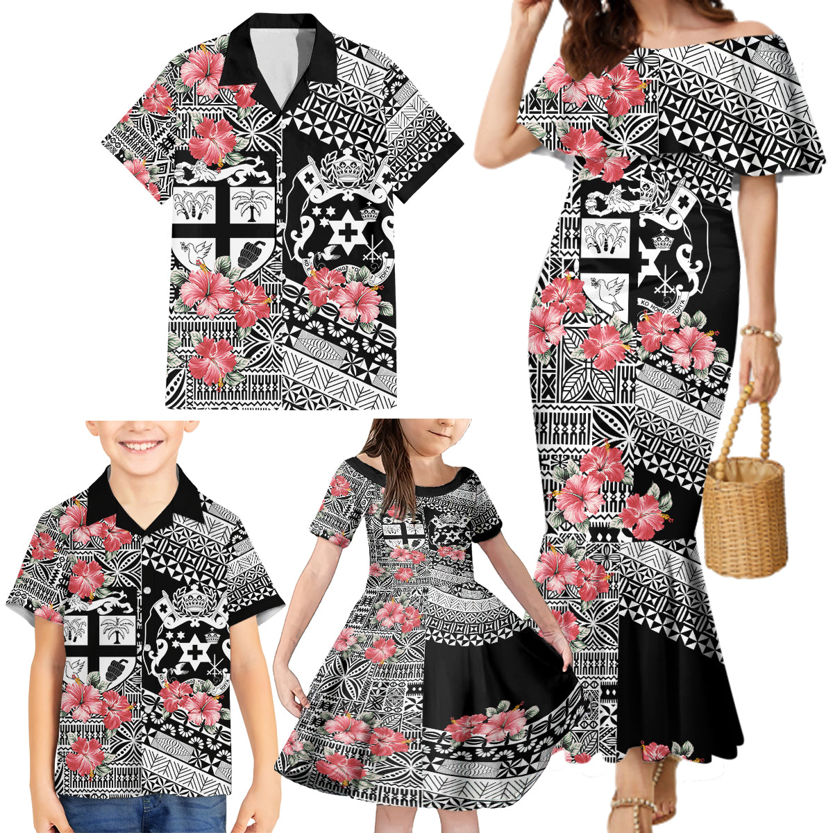 Fiji Tonga Coat of Arm Personalised Family Matching Mermaid Dress and Hawaiian Shirt With Masi Tapa and Tongan Ngatu Together LT9 - Polynesian Pride