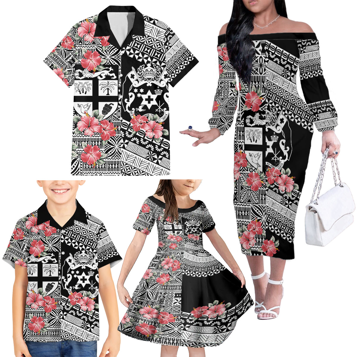 Fiji Tonga Coat of Arm Personalised Family Matching Off Shoulder Long Sleeve Dress and Hawaiian Shirt With Masi Tapa and Tongan Ngatu Together LT9 - Polynesian Pride