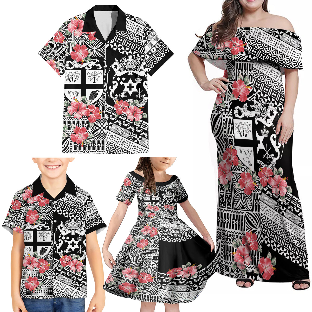 Fiji Tonga Coat of Arm Personalised Family Matching Off Shoulder Maxi Dress and Hawaiian Shirt With Masi Tapa and Tongan Ngatu Together LT9 - Polynesian Pride