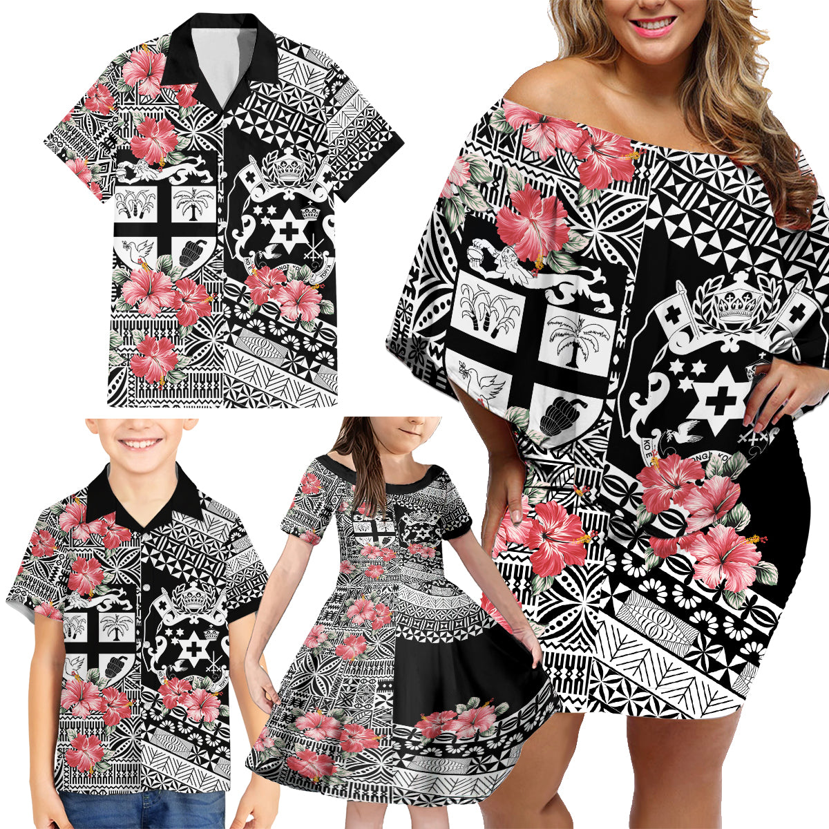 Fiji Tonga Coat of Arm Personalised Family Matching Off Shoulder Short Dress and Hawaiian Shirt With Masi Tapa and Tongan Ngatu Together LT9 - Polynesian Pride