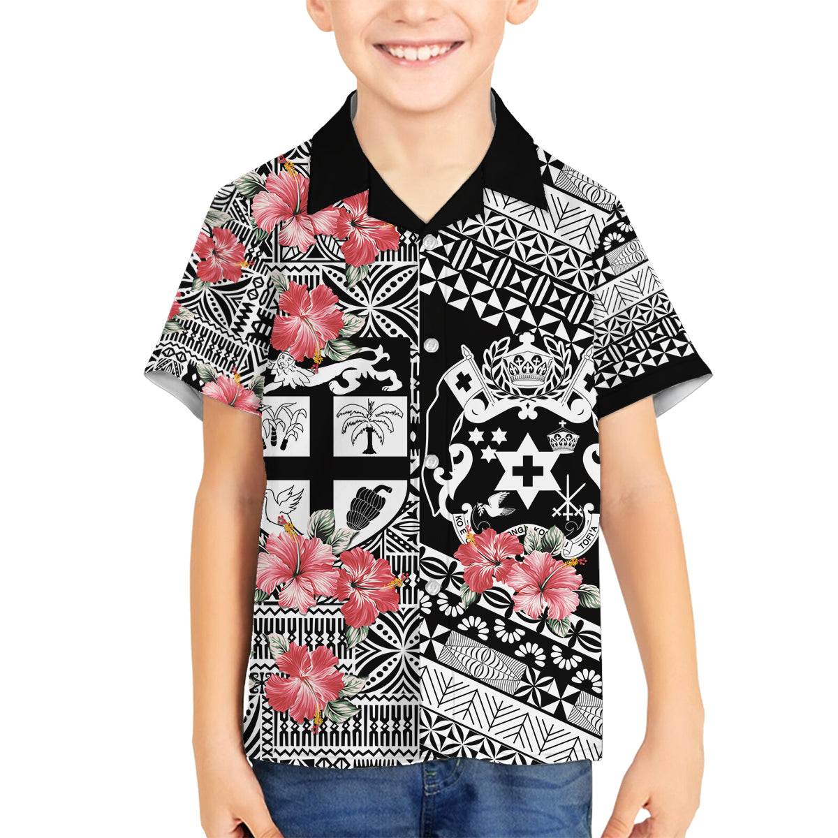 Fiji Tonga Coat of Arm Personalised Family Matching Off Shoulder Short Dress and Hawaiian Shirt With Masi Tapa and Tongan Ngatu Together LT9 Son's Shirt Black - Polynesian Pride