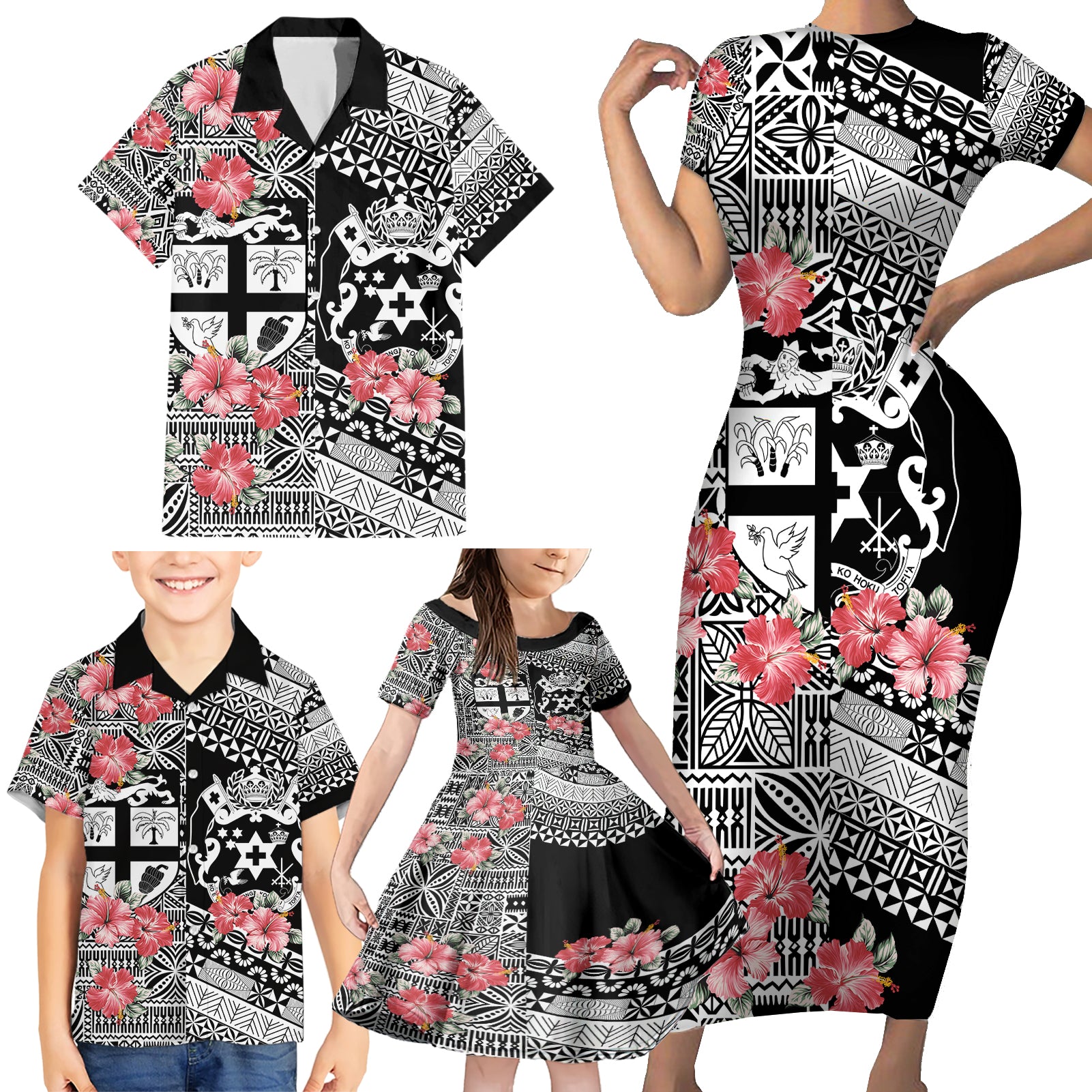 Fiji Tonga Coat of Arm Personalised Family Matching Short Sleeve Bodycon Dress and Hawaiian Shirt With Masi Tapa and Tongan Ngatu Together LT9 - Polynesian Pride