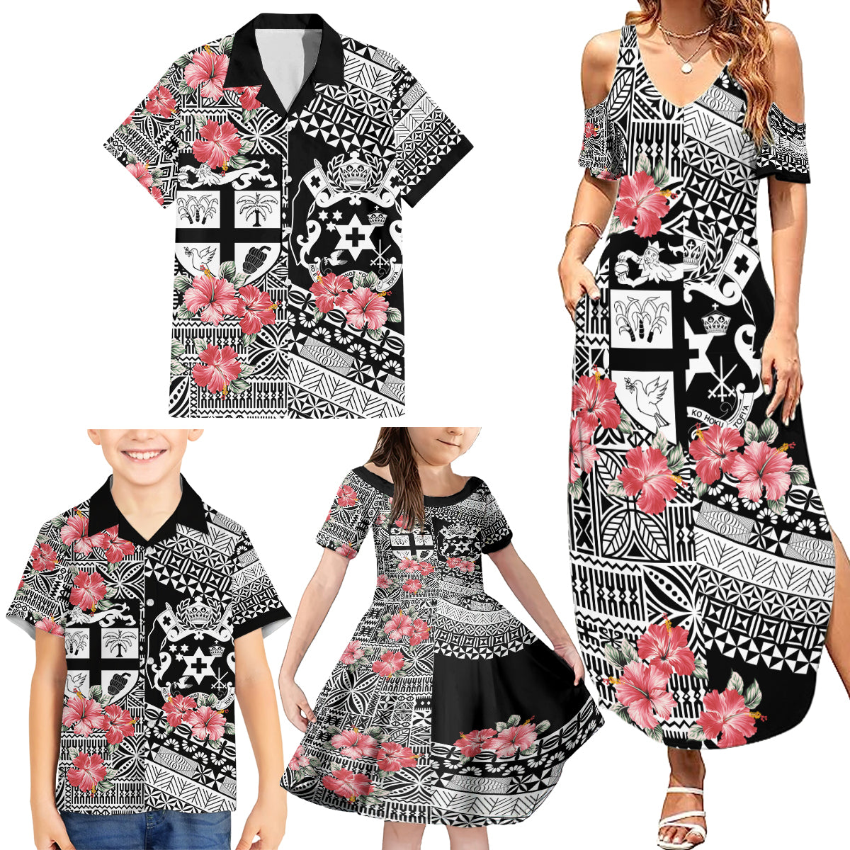 Fiji Tonga Coat of Arm Personalised Family Matching Summer Maxi Dress and Hawaiian Shirt With Masi Tapa and Tongan Ngatu Together LT9 - Polynesian Pride