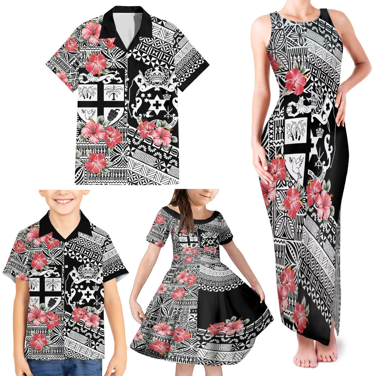 Fiji Tonga Coat of Arm Personalised Family Matching Tank Maxi Dress and Hawaiian Shirt With Masi Tapa and Tongan Ngatu Together LT9 - Polynesian Pride