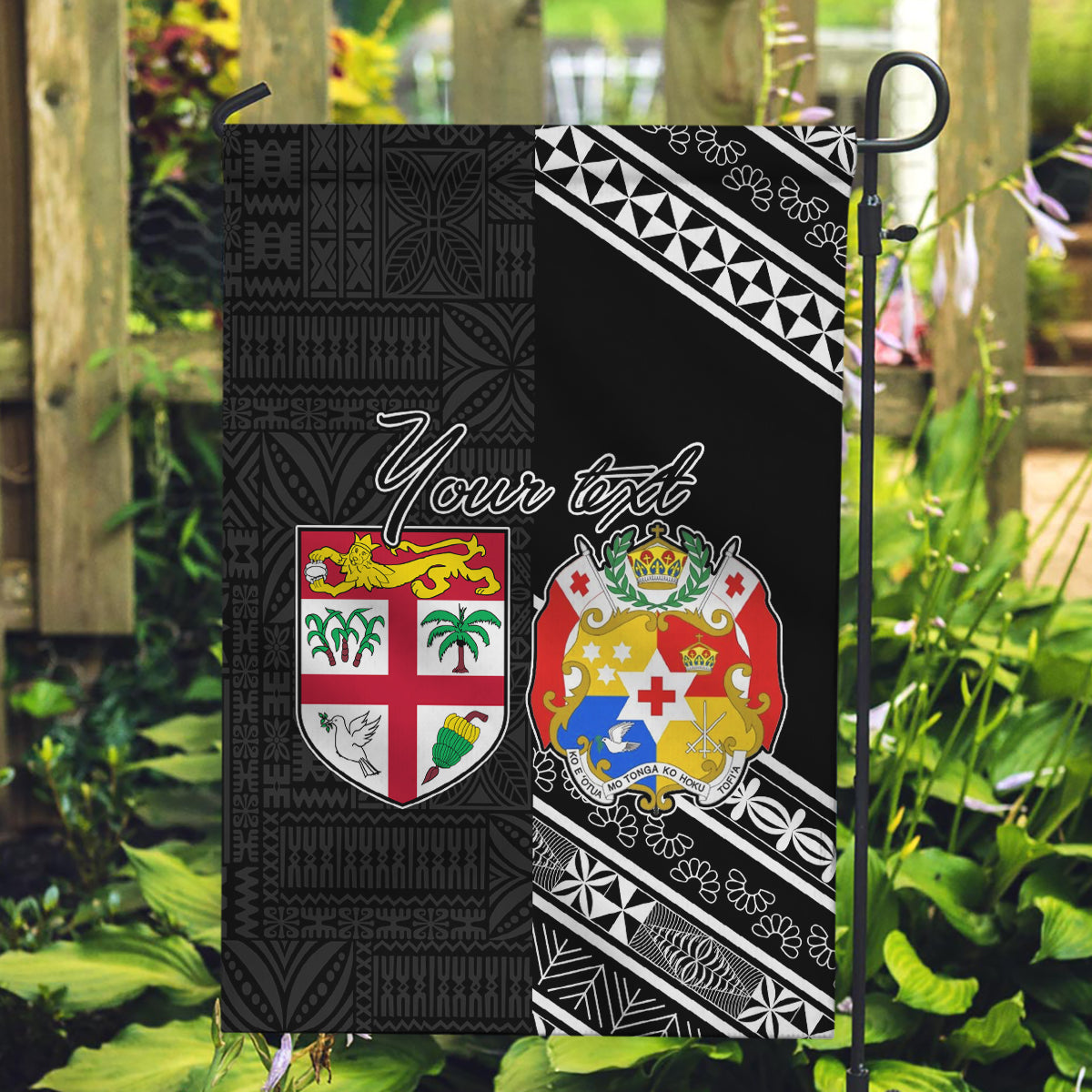 Fiji Tonga Coat of Arm Personalised Garden Flag With Masi Tapa and Tongan Ngatu Together LT9 Garden Flag Black - Polynesian Pride