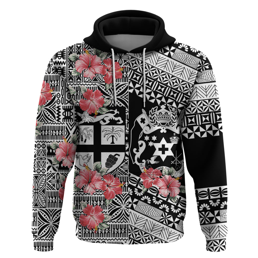 Fiji Tonga Coat of Arm Personalised Hoodie With Masi Tapa and Tongan Ngatu Together LT9 Pullover Hoodie Black - Polynesian Pride