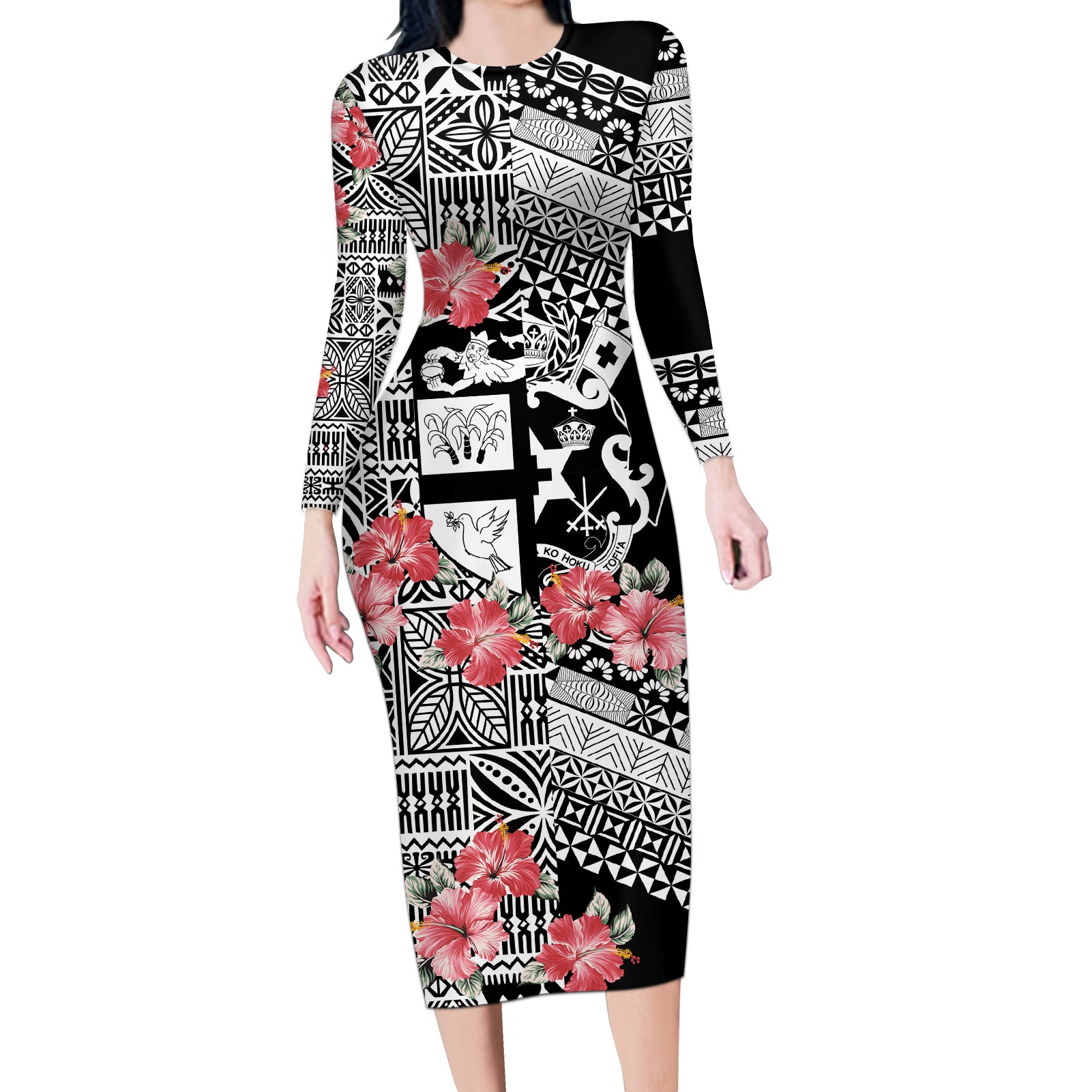 Fiji Tonga Coat of Arm Personalised Long Sleeve Bodycon Dress With Masi Tapa and Tongan Ngatu Together LT9 Long Dress Black - Polynesian Pride