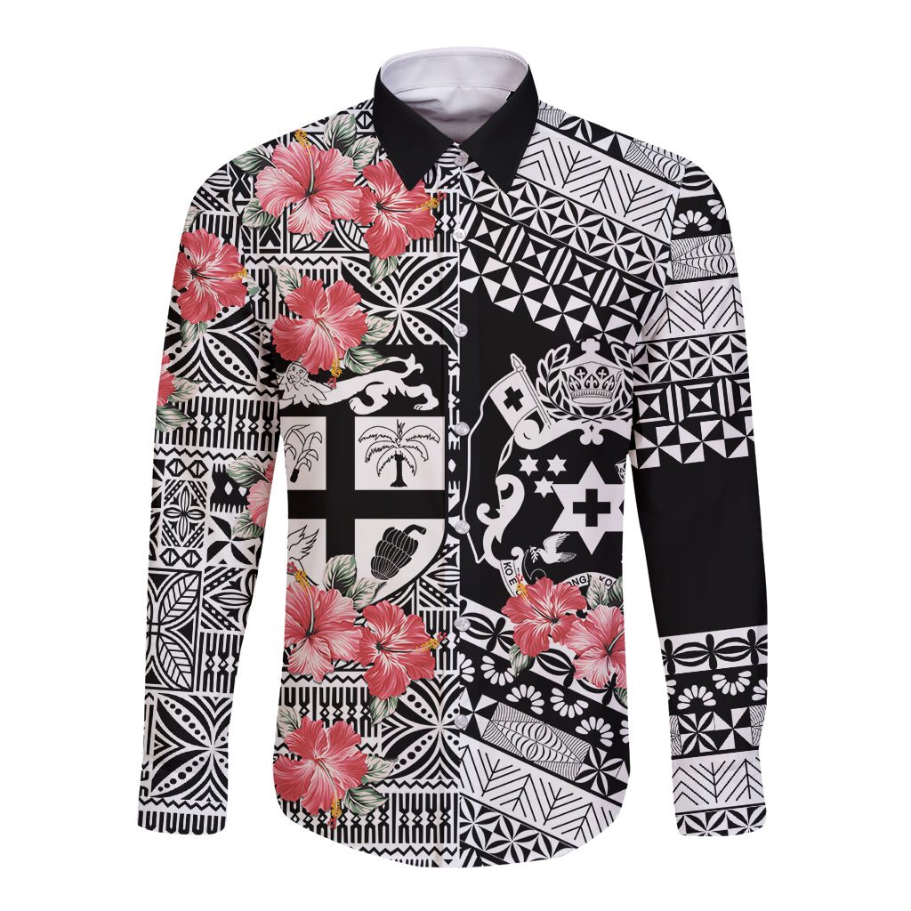 Fiji Tonga Coat of Arm Personalised Long Sleeve Button Shirt With Masi Tapa and Tongan Ngatu Together LT9 Unisex Black - Polynesian Pride