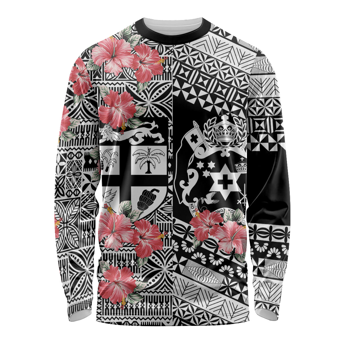 Fiji Tonga Coat of Arm Personalised Long Sleeve Shirt With Masi Tapa and Tongan Ngatu Together LT9 Unisex Black - Polynesian Pride