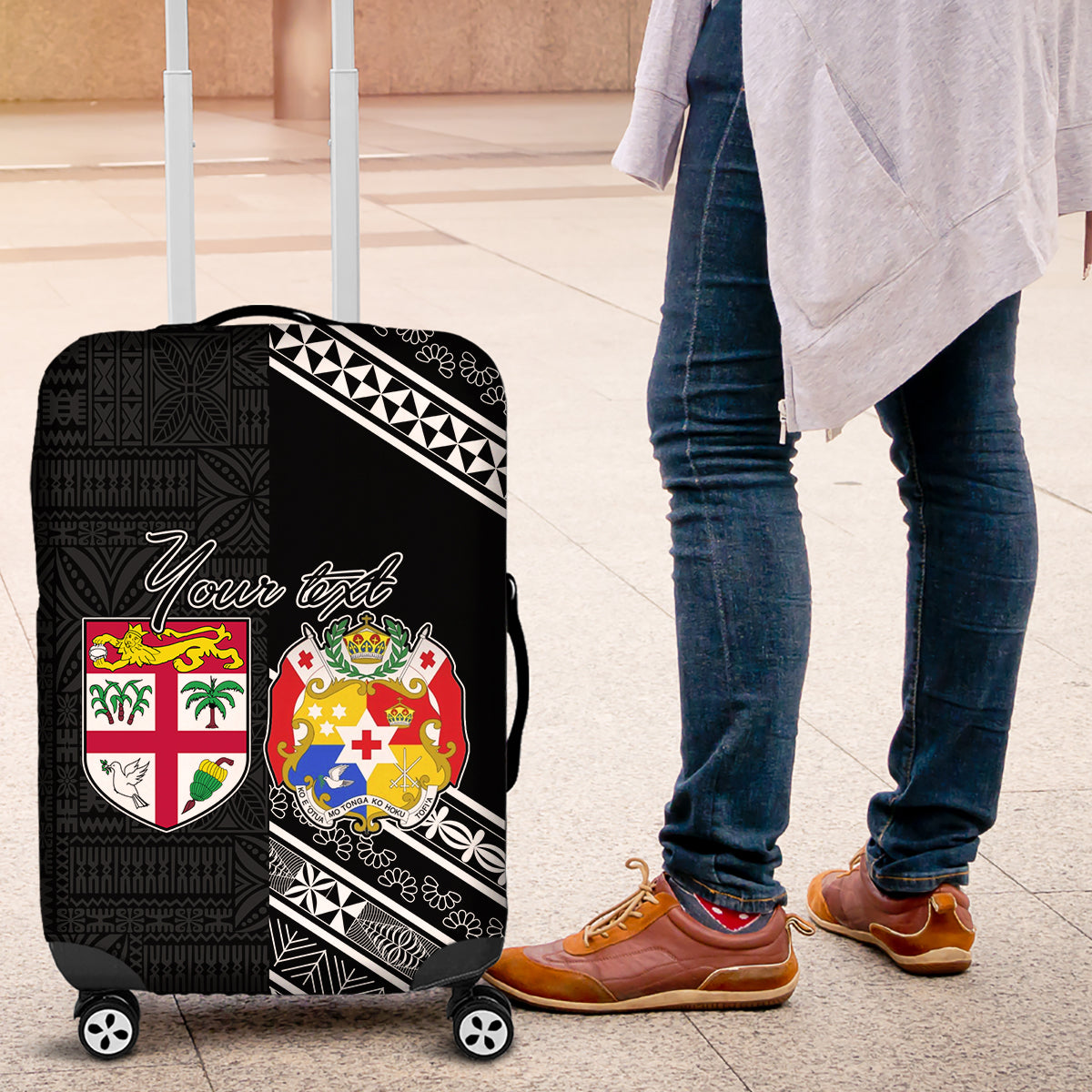 Fiji Tonga Coat of Arm Personalised Luggage Cover With Masi Tapa and Tongan Ngatu Together LT9 Black - Polynesian Pride