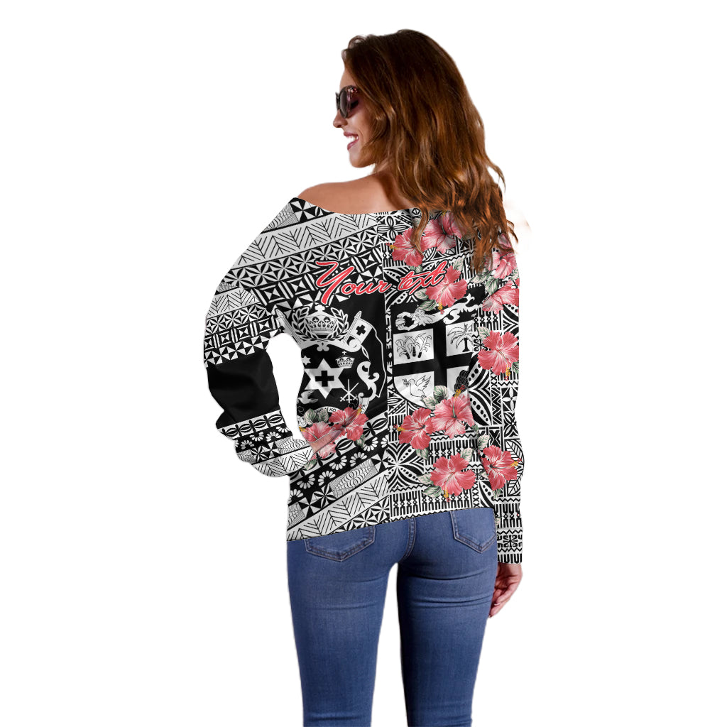 Fiji Tonga Coat of Arm Personalised Off Shoulder Sweater With Masi Tapa and Tongan Ngatu Together LT9 - Polynesian Pride