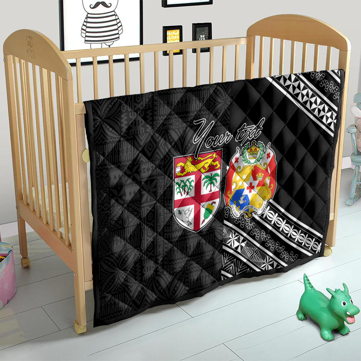 Fiji Tonga Coat of Arm Personalised Quilt With Masi Tapa and Tongan Ngatu Together LT9 - Polynesian Pride