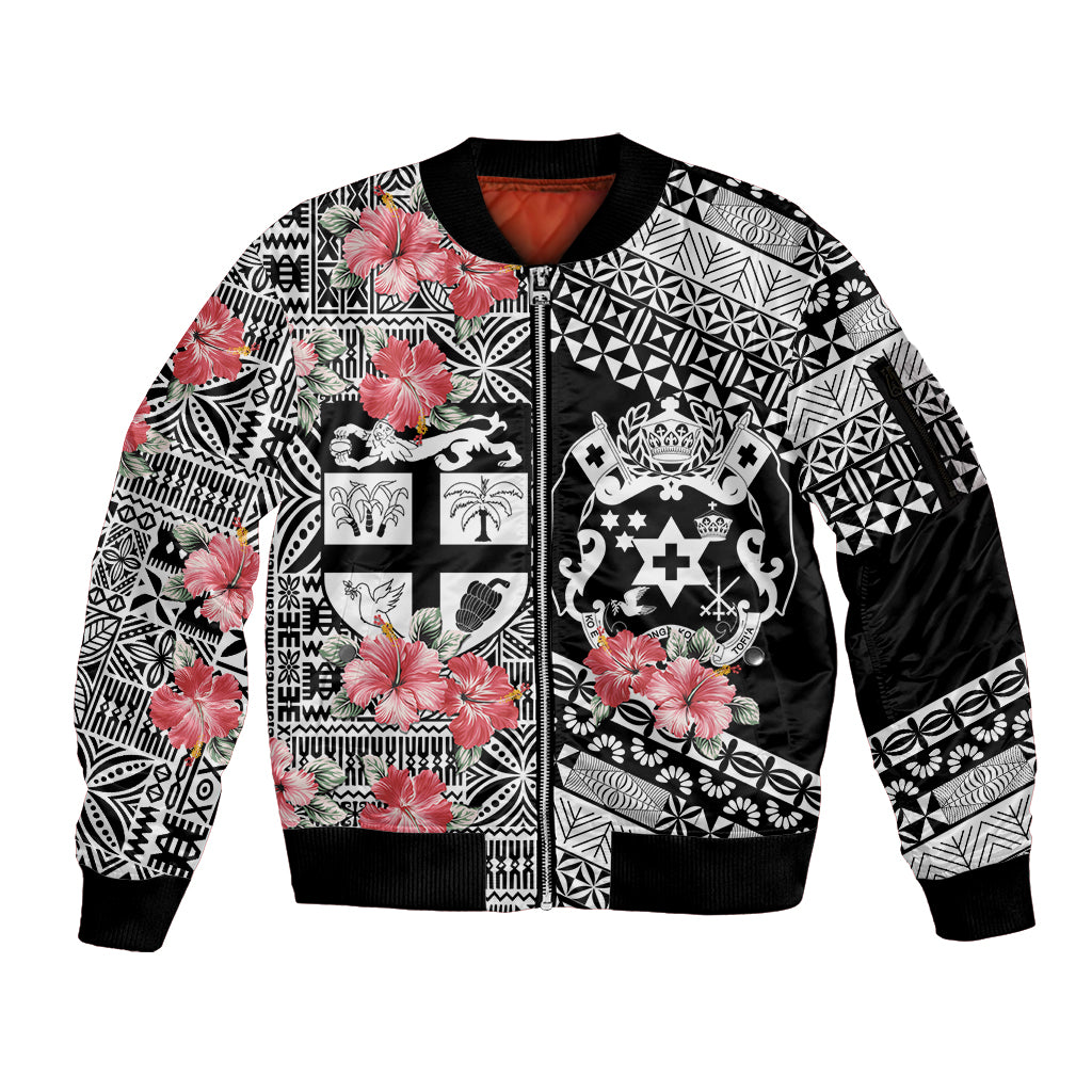 Fiji Tonga Coat of Arm Personalised Sleeve Zip Bomber Jacket With Masi Tapa and Tongan Ngatu Together LT9 Unisex Black - Polynesian Pride