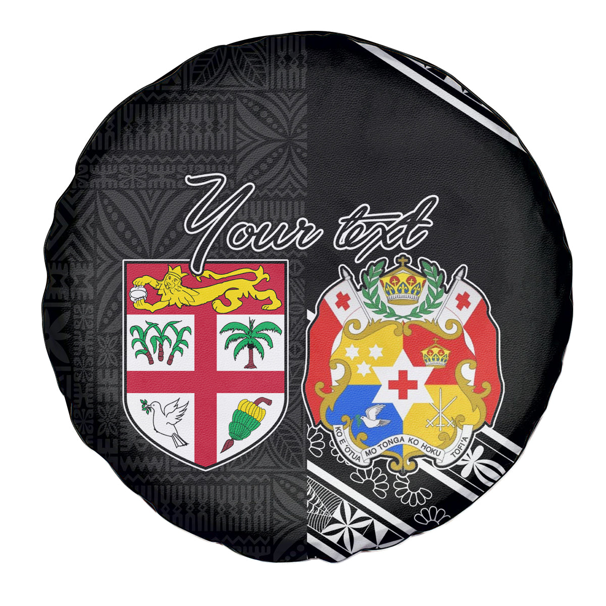 Fiji Tonga Coat of Arm Personalised Spare Tire Cover With Masi Tapa and Tongan Ngatu Together LT9 - Polynesian Pride