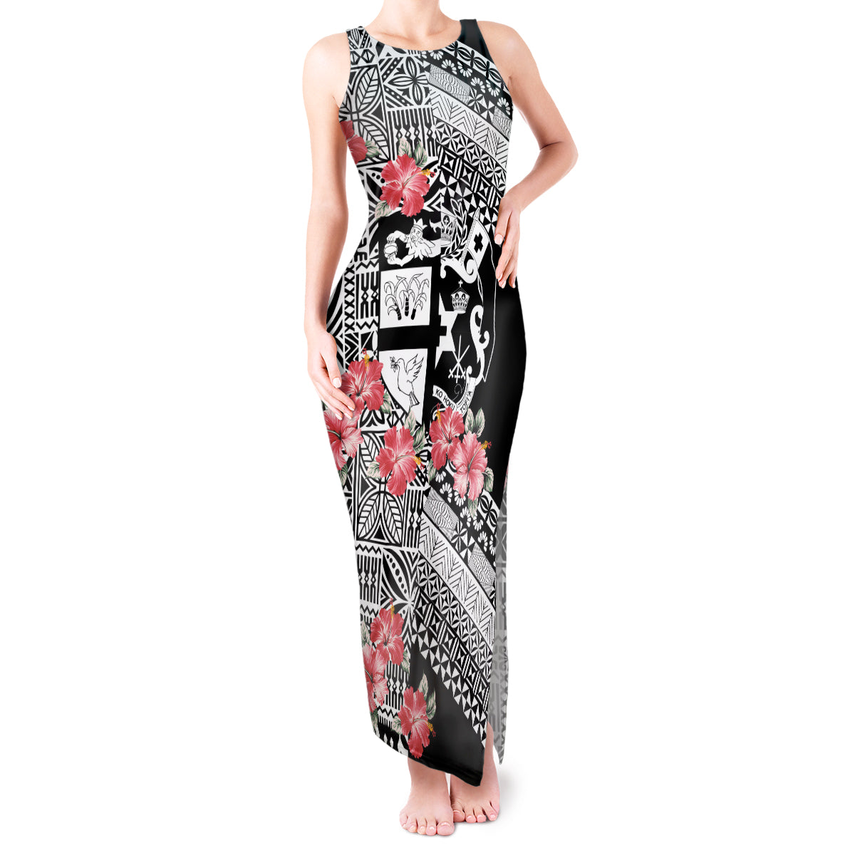 Fiji Tonga Coat of Arm Personalised Tank Maxi Dress With Masi Tapa and Tongan Ngatu Together LT9 Women Black - Polynesian Pride