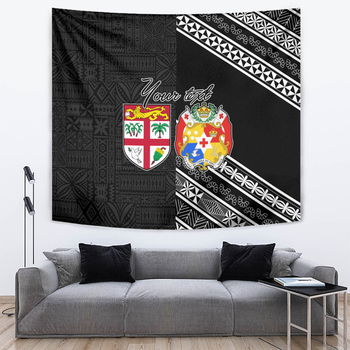 Fiji Tonga Coat of Arm Personalised Tapestry With Masi Tapa and Tongan Ngatu Together LT9 Black - Polynesian Pride