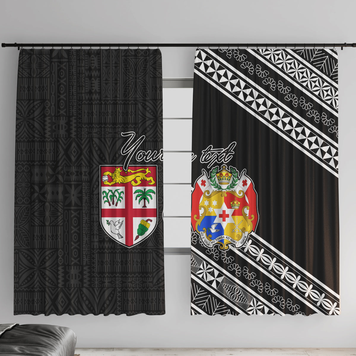 Fiji Tonga Coat of Arm Personalised Window Curtain With Masi Tapa and Tongan Ngatu Together LT9 With Hooks Black - Polynesian Pride