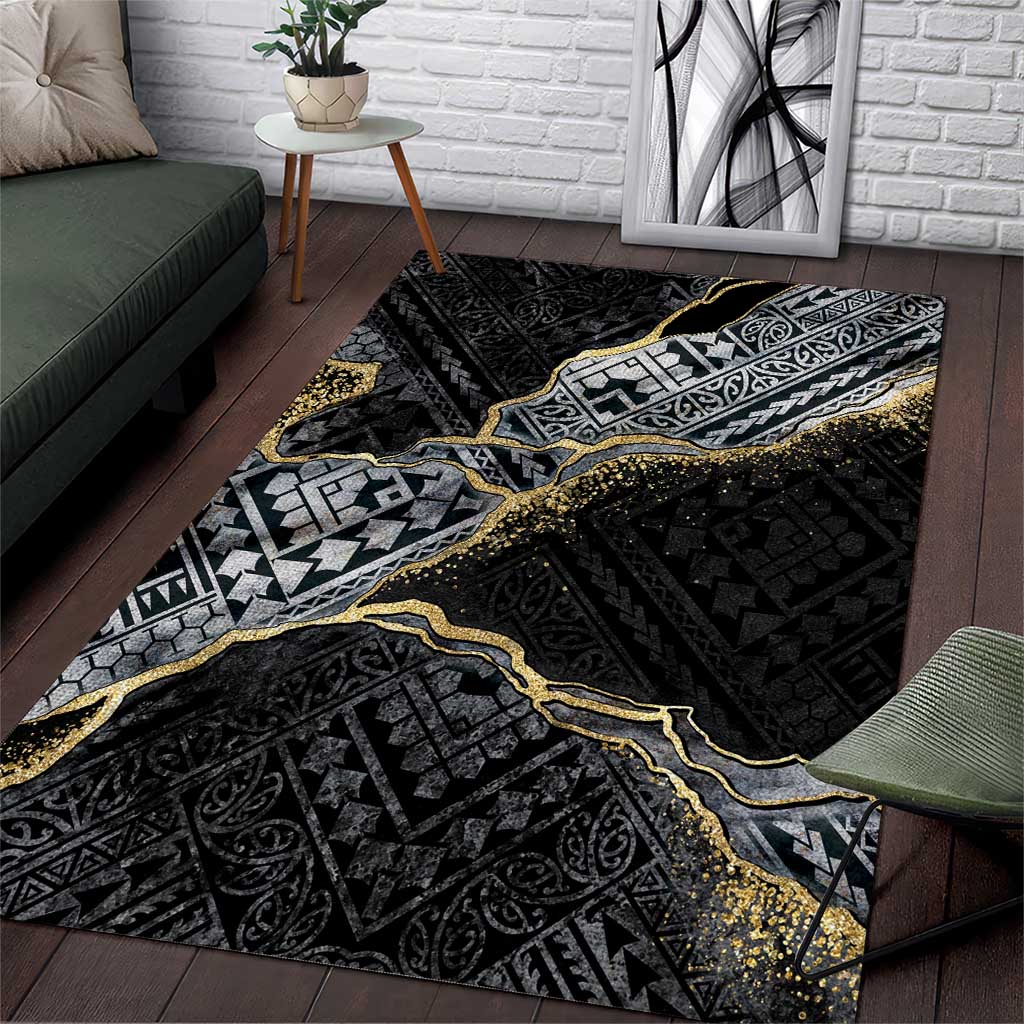 Polynesian Tribal Tattoo Area Rug Dark Marble Pattern