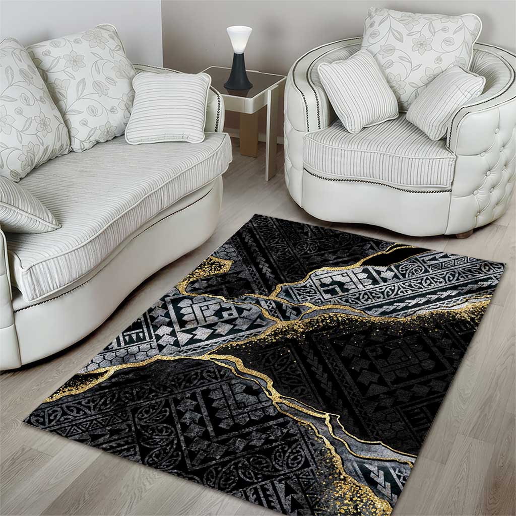 Polynesian Tribal Tattoo Area Rug Dark Marble Pattern