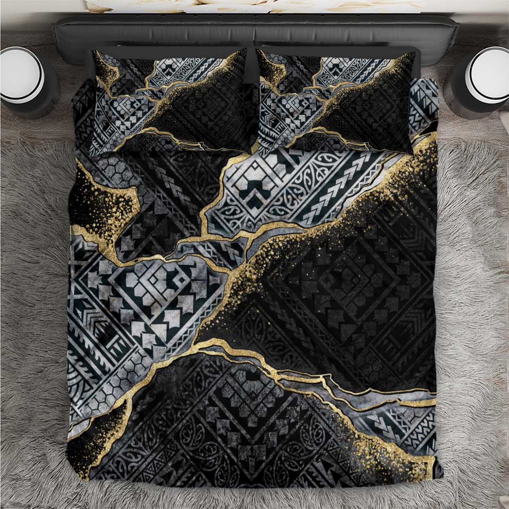 Polynesian Tribal Tattoo Bedding Set Dark Marble Pattern